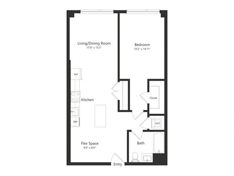 Floor plan for 1 bed, 1 bath, 786 sqft